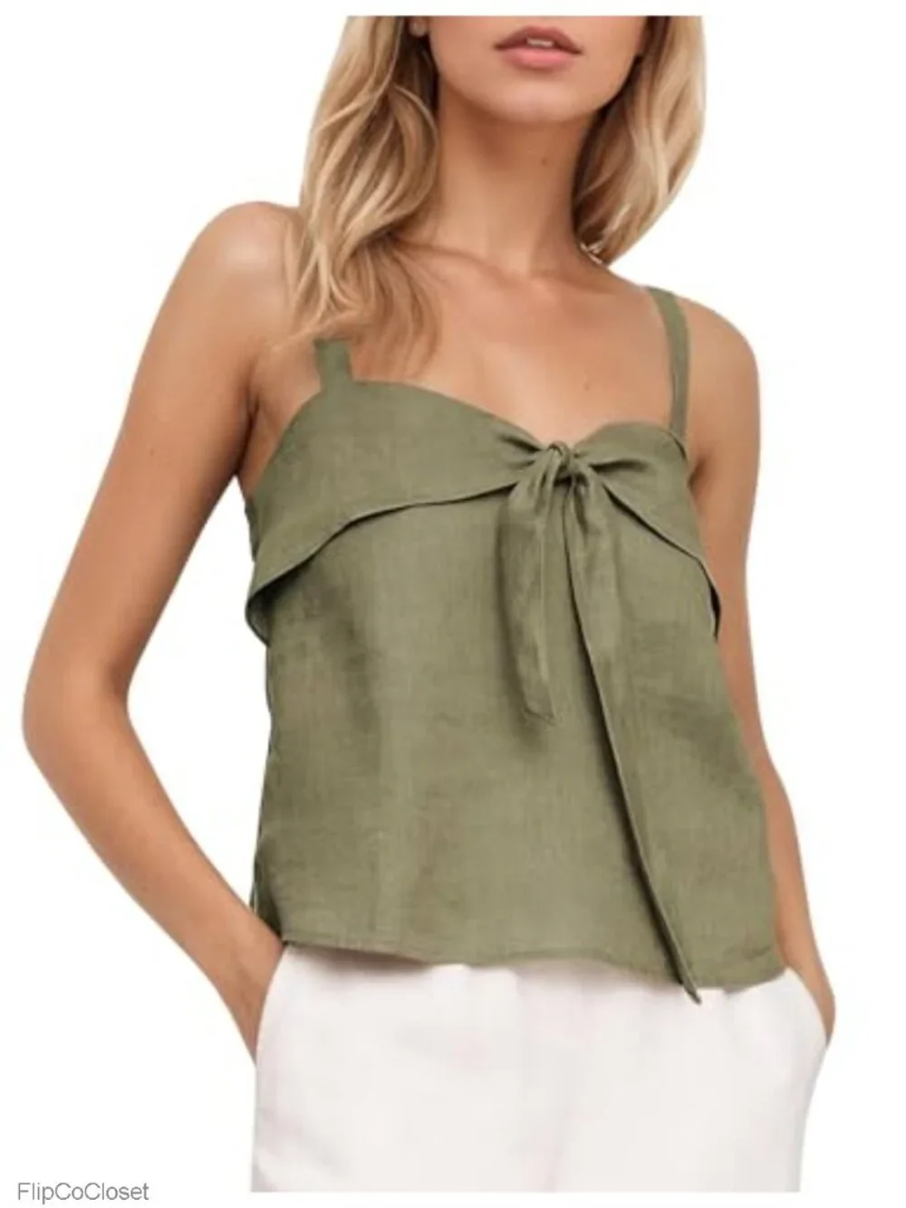 Linen Tie Front Tank Top Sweetheart Neckline Sleeveless Backless Cami
